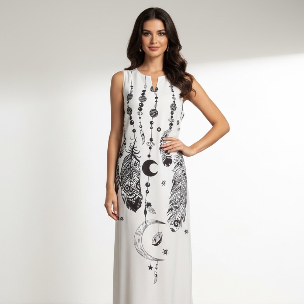 Elegant White and Black Feather Print Dress